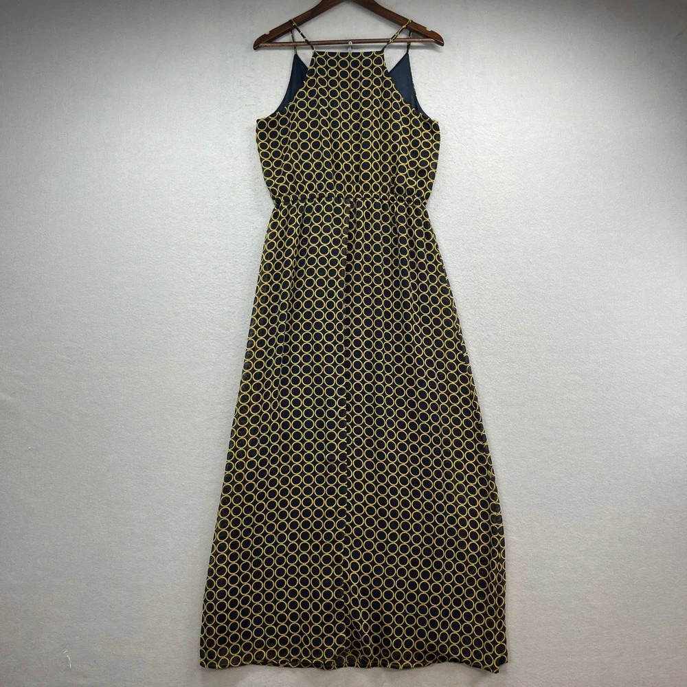 Banana Republic Maxi Dress Womens 10 Navy Yellow Geometric Spaghetti Strap Boho